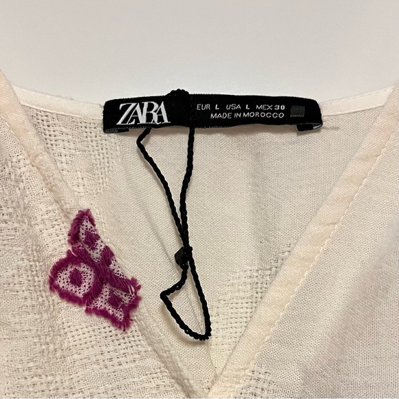 Zara Rustic Dress Womens Large Embroidered Midi Cottagecore Ivory Purple Boho - Picture 9 of 15